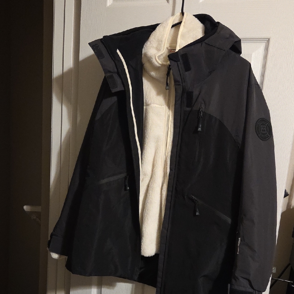 Unisex Two-Tone Black and Dark Gray Hooded Jacket with Detachable Fleece Liner